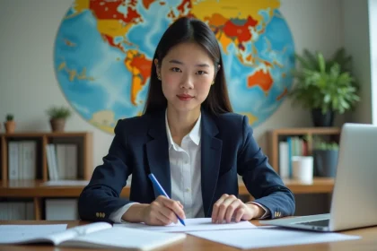 Jeune femme en bureau étudiant documents et ordinateur