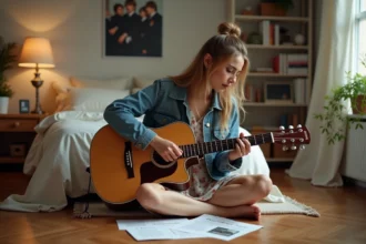 Jeune femme jouant de la guitare dans sa chambre chaleureuse