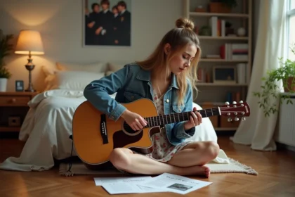 Jeune femme jouant de la guitare dans sa chambre chaleureuse