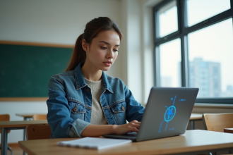 Jeune femme utilisant un ordinateur avec interface AI dans une salle moderne