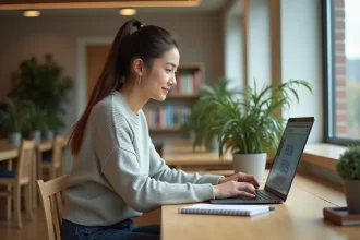 Jeune femme concentrée sur son ordinateur dans un espace universitaire
