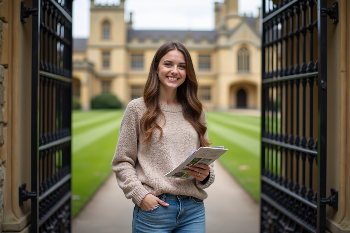 Jeune femme souriante devant les portes d'Oxford