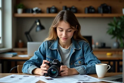Jeune femme ajustant un appareil photo en intérieur