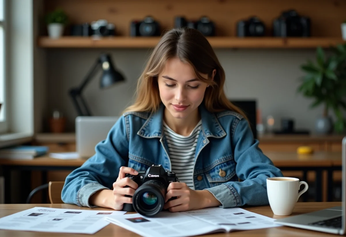 Jeune femme ajustant un appareil photo en intérieur