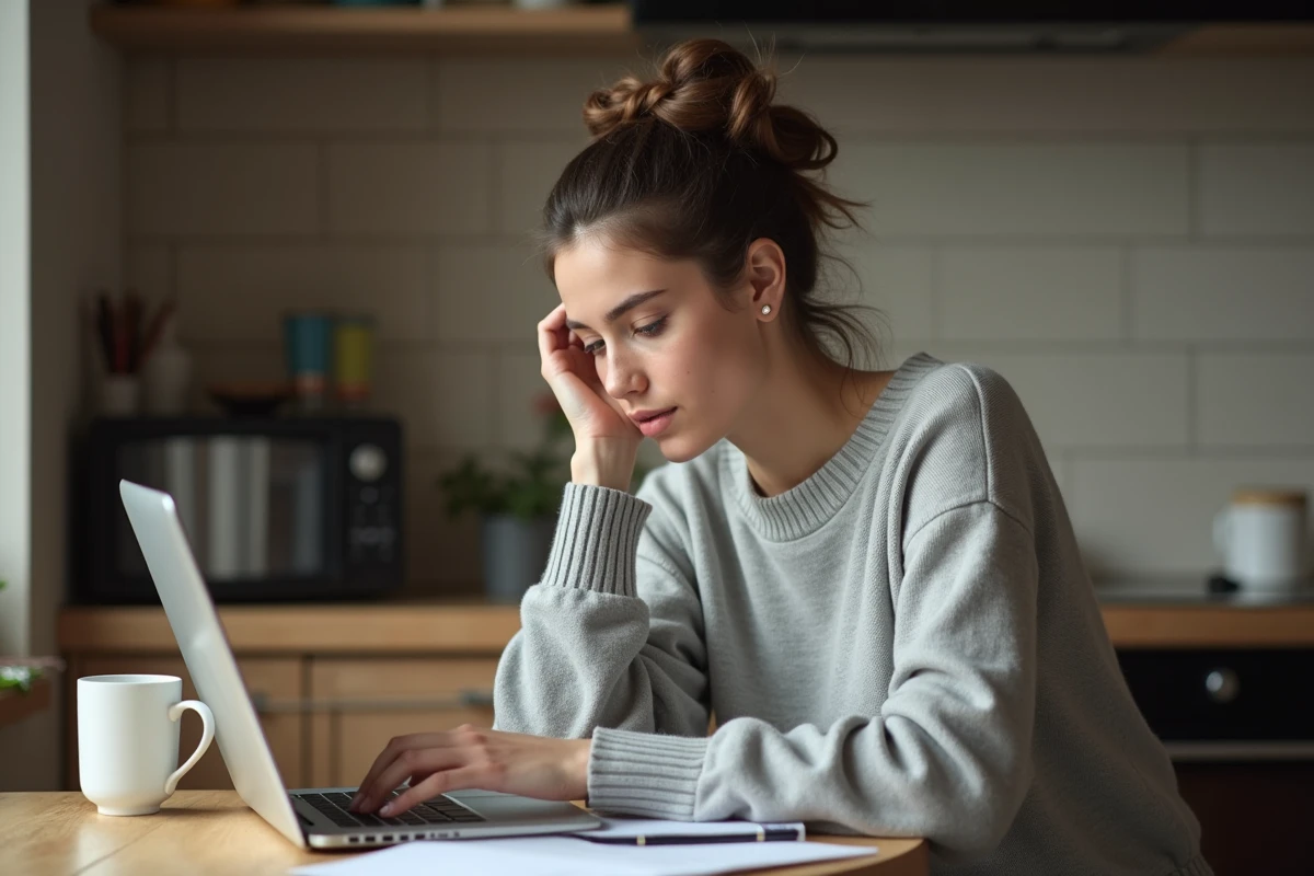 Jeune femme à la maison consulte sa fiche de paie