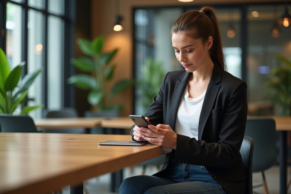 Jeune femme en coworking utilisant un smartphone connecté