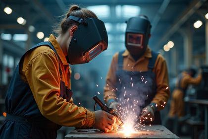 Jeune femme soudeuse en atelier industriel avec étincelles