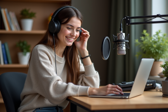 Jeune femme en home studio avec équipement audio