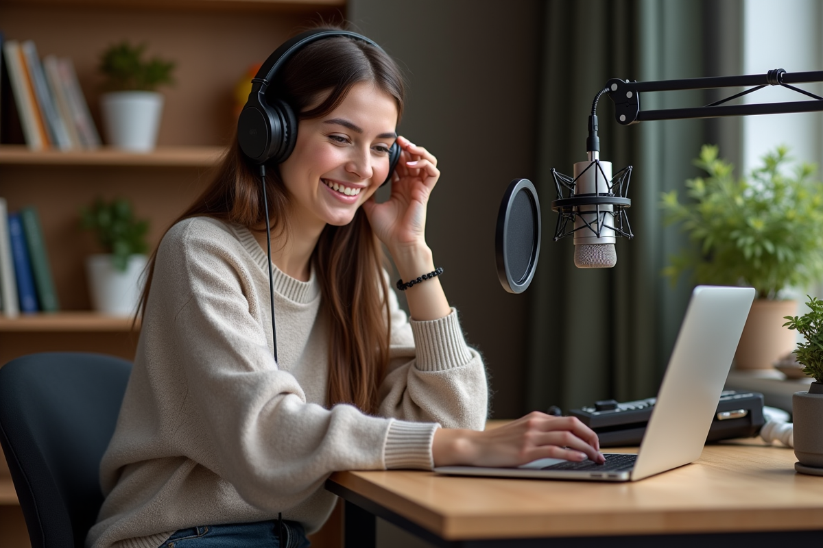 Jeune femme en home studio avec équipement audio