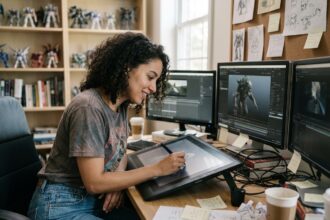 Jeune femme concentrée devant ses écrans de travail