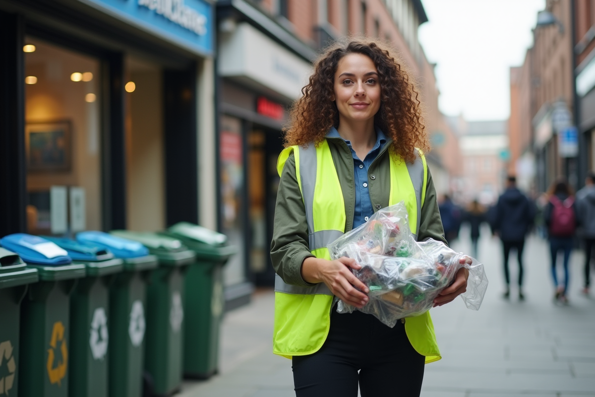 Jeune femme trie des recyclables dans la rue urbaine