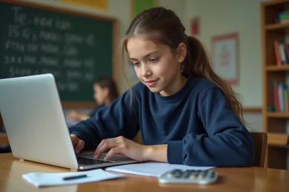 Jeune fille concentrée à son bureau avec calculatrice et notes