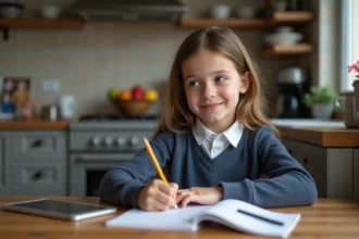 Jeune fille en uniforme scolaire travaillant à la maison