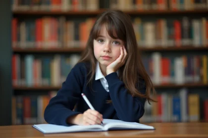Jeune fille en uniforme scolaire dans une bibliothèque chaleureuse