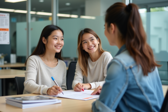 Jeune fille et mère avec instructrice dans une école de conduite