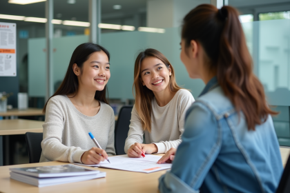 Jeune fille et mère avec instructrice dans une école de conduite