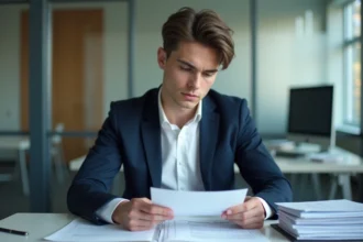 Jeune homme en bureau analyse un document salarial