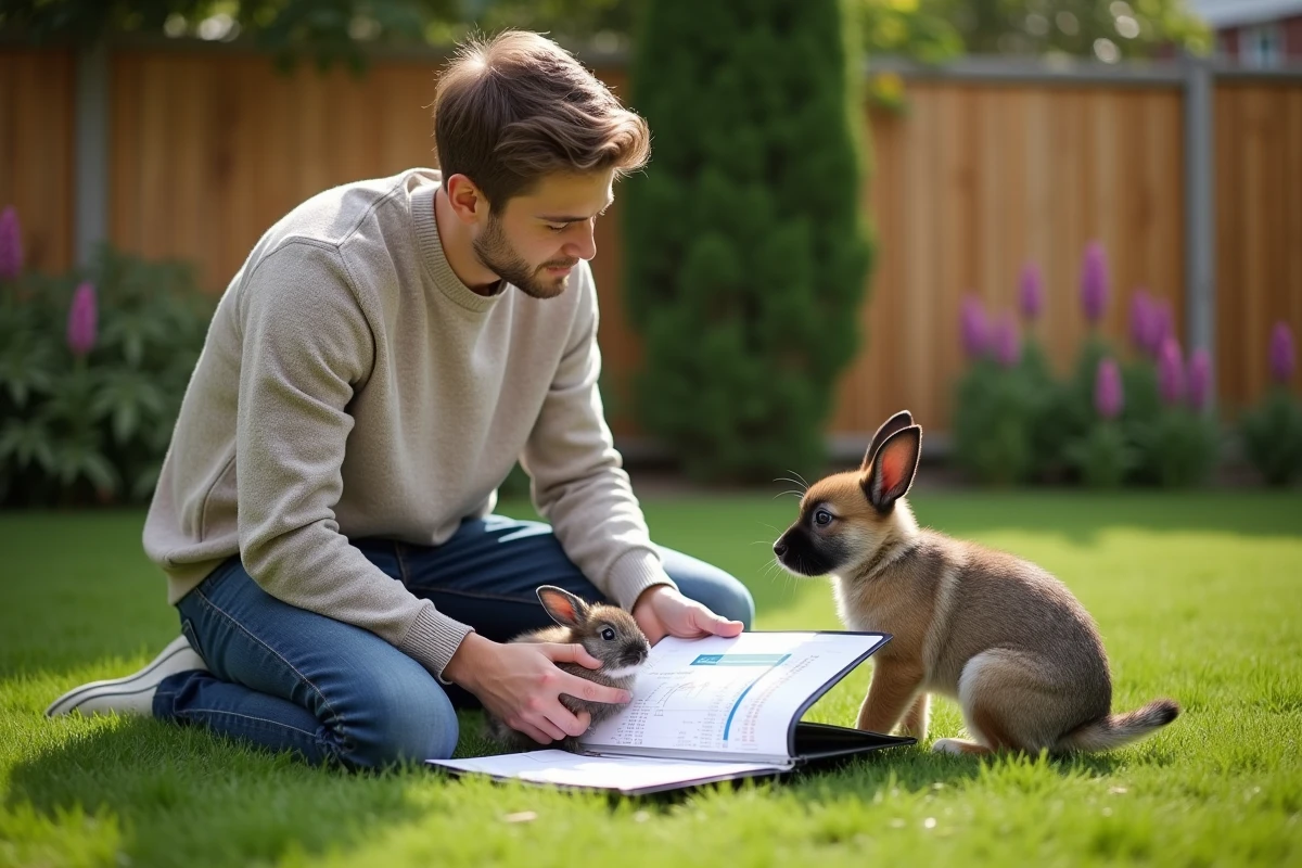 Jeune homme avec chiot et lapin dans jardin