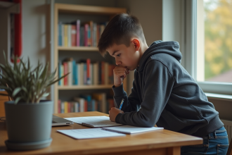 Jeune adolescent réfléchissant à ses choix d'études à la maison