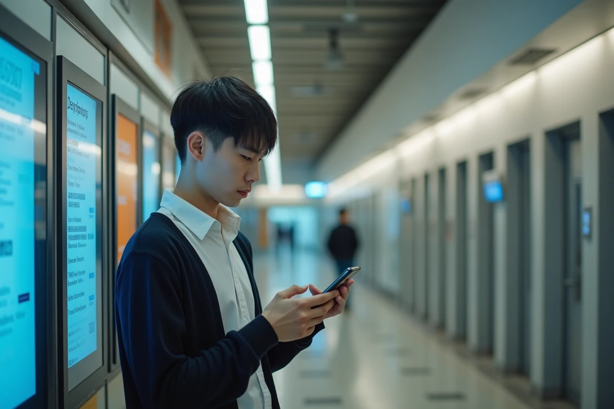 Jeune homme utilisant un smartphone dans un hall universitaire