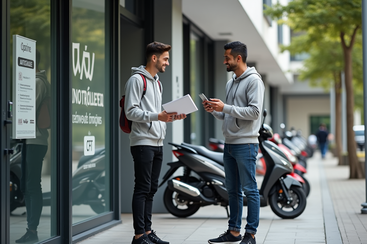 Jeune homme remettant un dossier à son père devant l