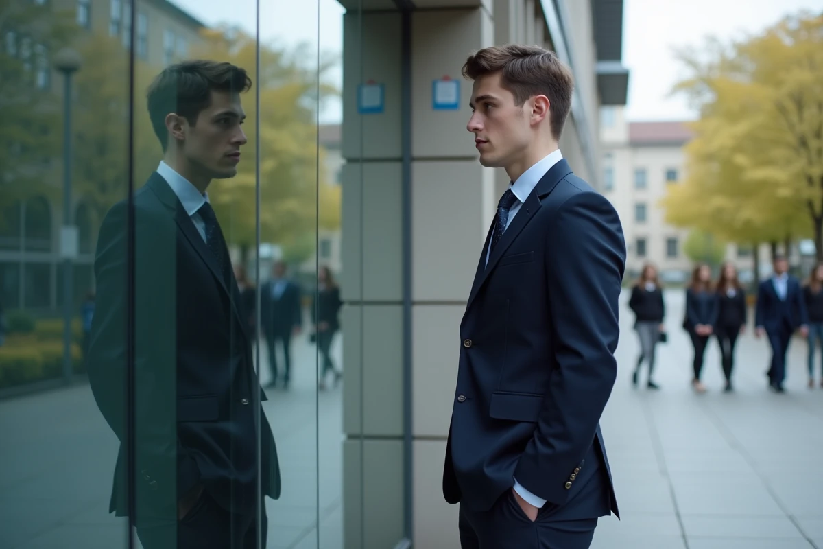 Jeune homme en costume regardant son reflet devant l