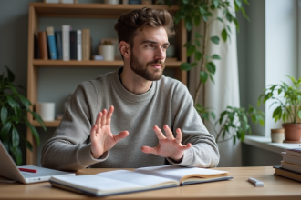 Jeune homme assis à son bureau en train d'expliquer un concept