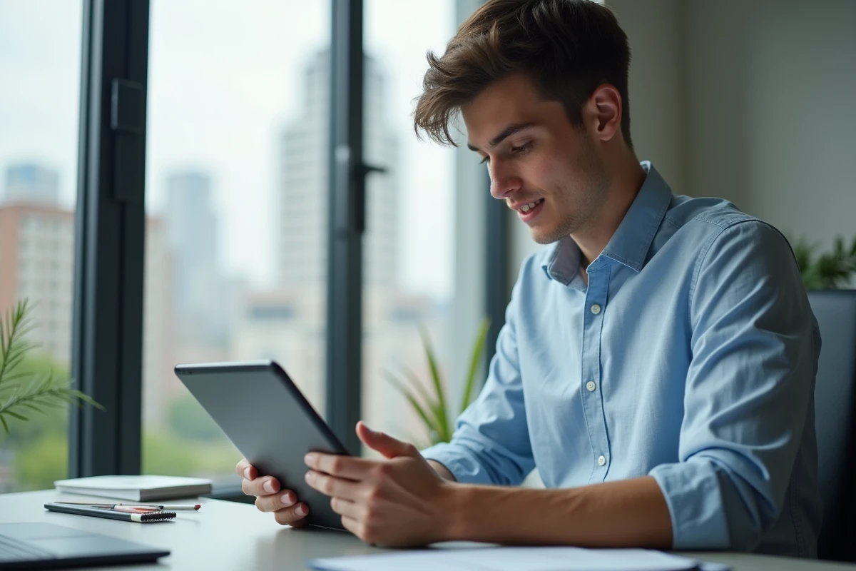 Jeune homme utilisant une tablette dans un espace de travail à domicile