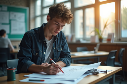 Jeune adulte en classe d'ingénierie travaillant sur des plans techniques