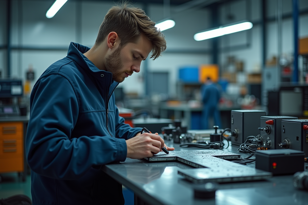 Jeune technicien utilisant des outils numériques dans un atelier coloré
