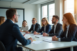 Groupe de jeunes entrepreneurs en formation en salle lumineuse