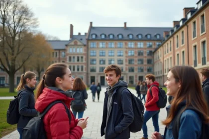 Groupe de lycéens français devant leur lycée moderne