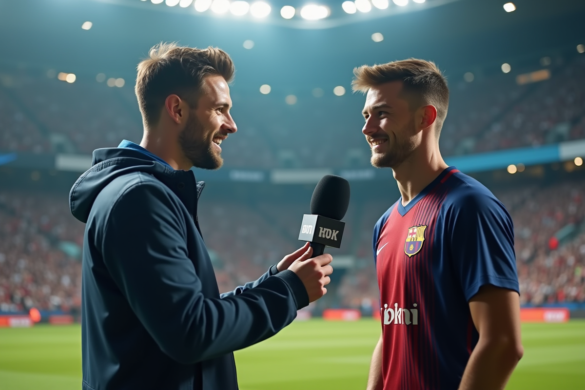 Jeune journaliste sportif interviewant un joueur de football après un match