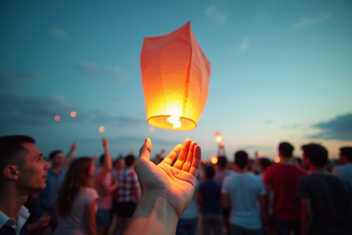 Main relâchant une lanterne lumineuse dans le ciel bleu