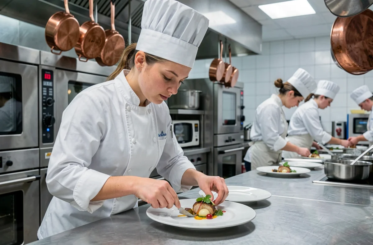 Étudiante en cuisine au Lycée Hôtelier de La Rochelle dressant une assiette gastronomique en cuisine pédagogique professionnelle