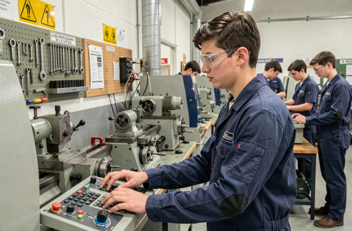 Lycéen professionnel opérant une machine-outil au Lycée Professionnel de l'Atlantique en Charente-Maritime