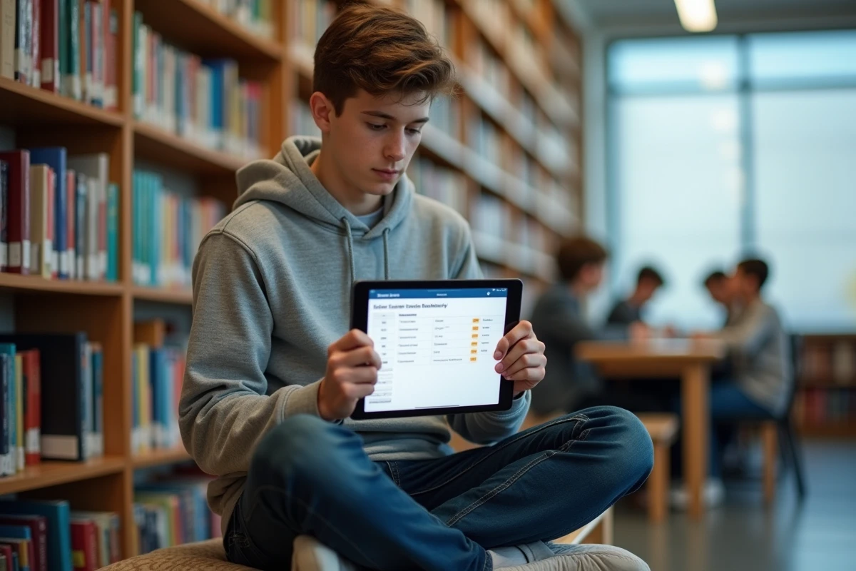 Lycéen consultant son espace numérique personnel sur une tablette dans la bibliothèque de son établissement scolaire
