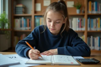 Lycéenne calculant sa moyenne générale trimestrielle dans un carnet scolaire à son bureau à la maison