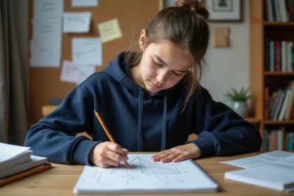 Lycéenne révisant le volume d'une pyramide à base triangulaire sur du papier quadrillé à son bureau