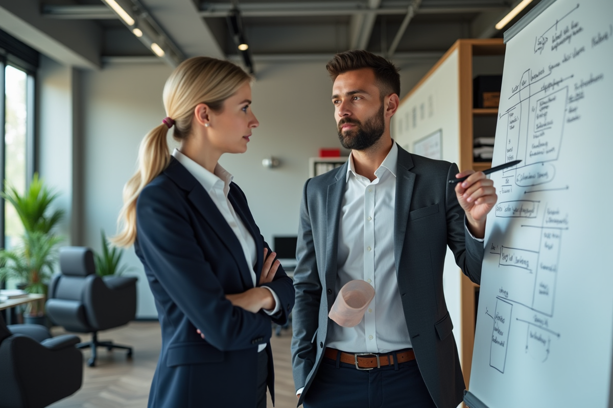 Manager féminin observant un jeune collègue en présentation