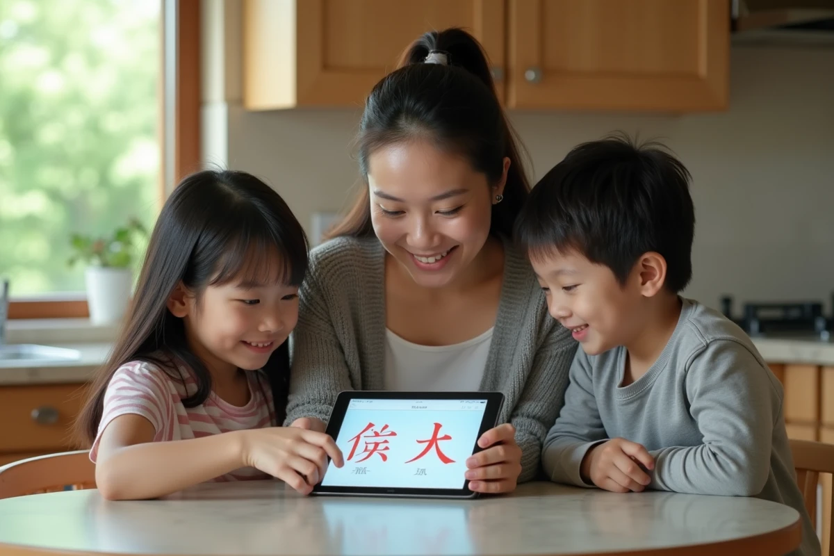 Une mère et ses deux enfants comparant le japonais et le chinois sur une tablette dans la cuisine familiale