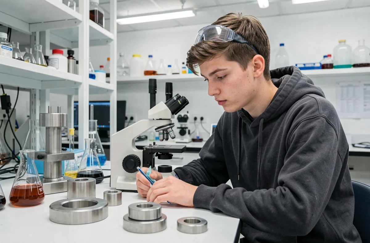 Étudiant en recherche dans un laboratoire de Mines Paris - PSL, entouré d'équipements de précision et d'échantillons métalliques