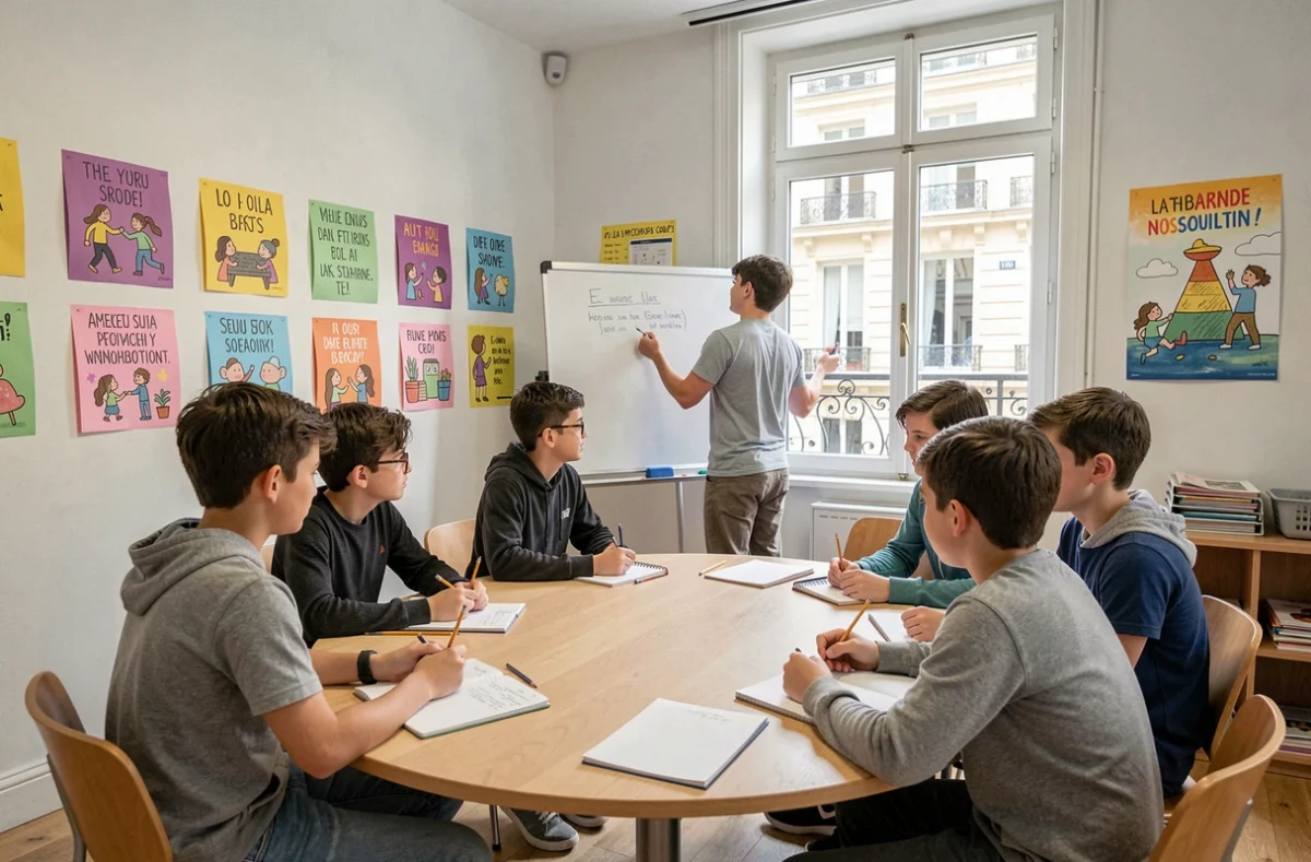 Des collégiens participent à une séance de soutien scolaire associatif avec un bénévole de Nouveau Cap à Paris Centre