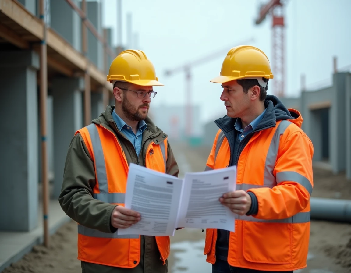 Deux ouvriers BTP comparant une attestation de formation et un diplôme de certification professionnelle sur chantier