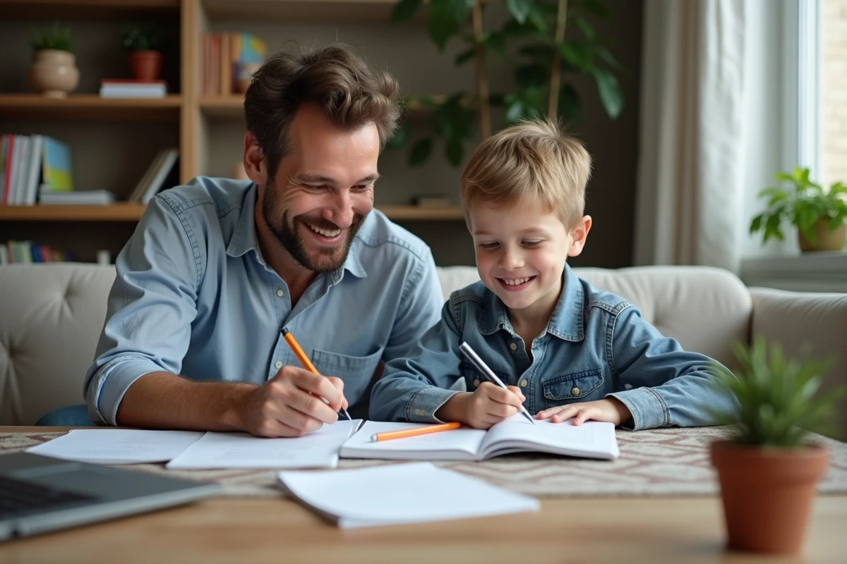 Père et fils faisant leurs devoirs dans le salon familial