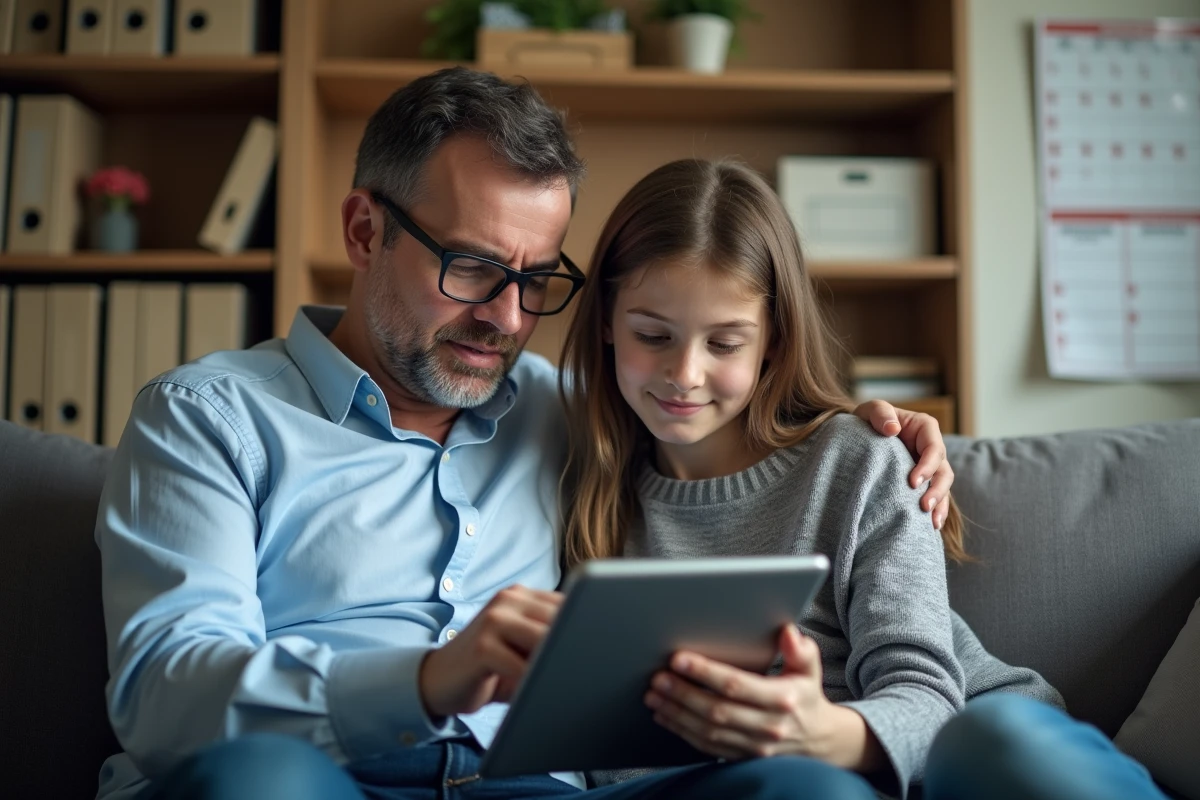 Père et fille en train de consulter une tablette dans le salon