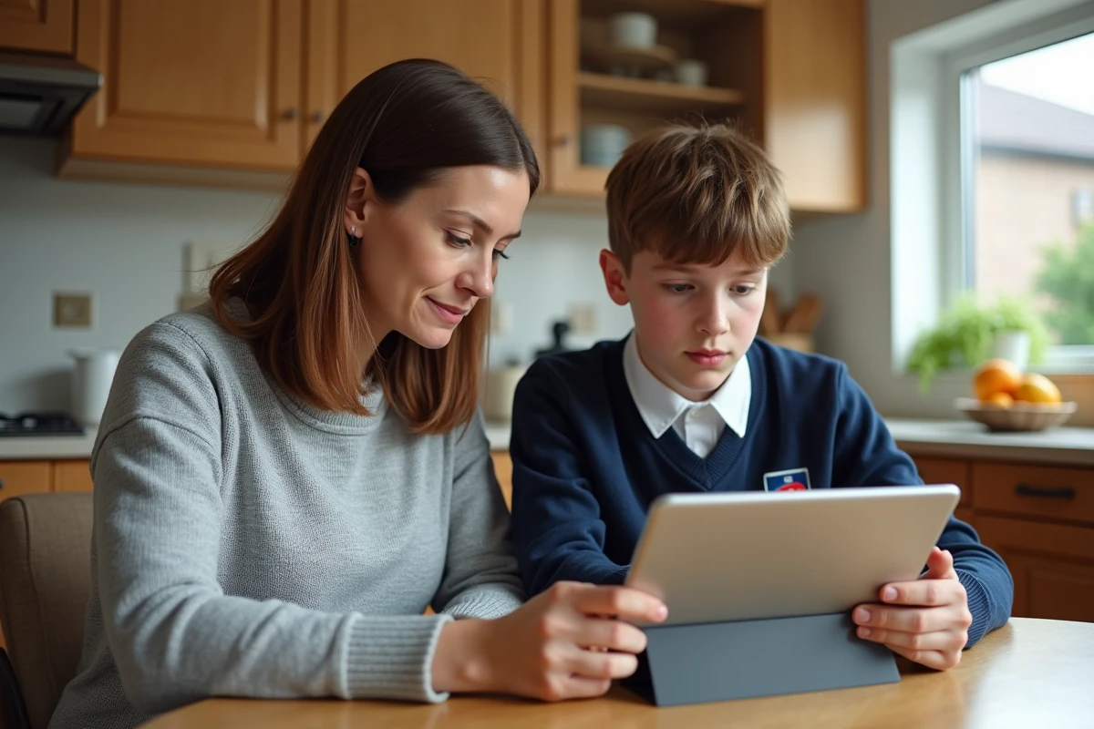 Parent et enfant consultant ensemble l'ENT Charente sur une tablette dans la cuisine familiale