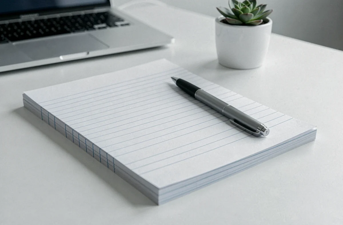 Pile de feuilles seyes imprimées recto verso sur un bureau de bureau minimaliste moderne