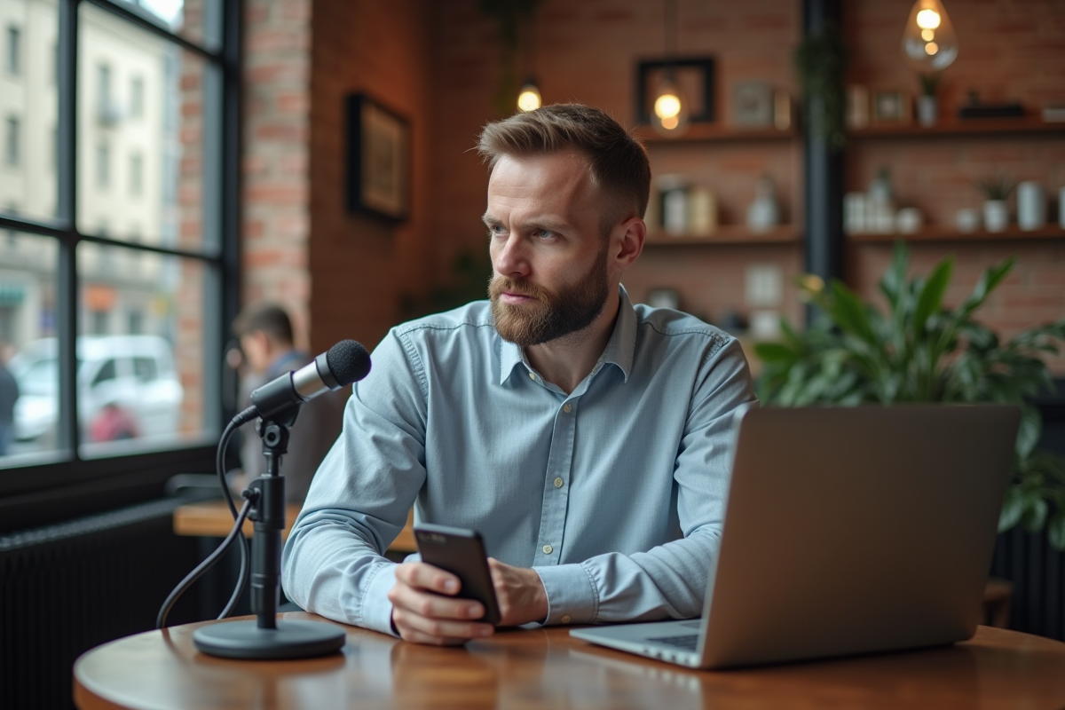 Homme parlant dans un micro en café urbain