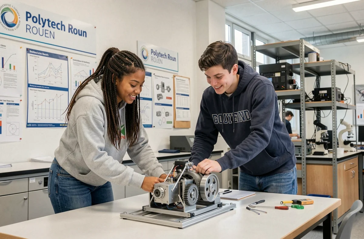 Deux étudiants de Polytech Rouen collaborant sur un projet d'ingénierie dans un laboratoire universitaire, réseau Polytech